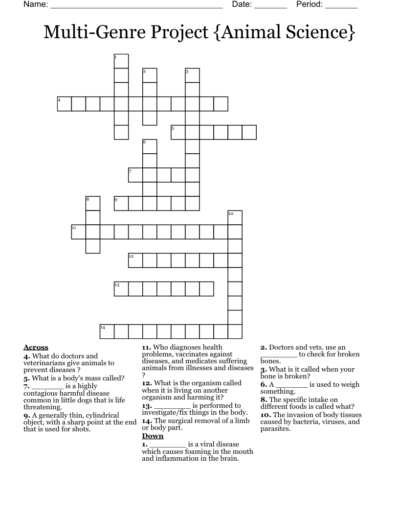 Multi-Genre Project {Animal Science}  Crossword