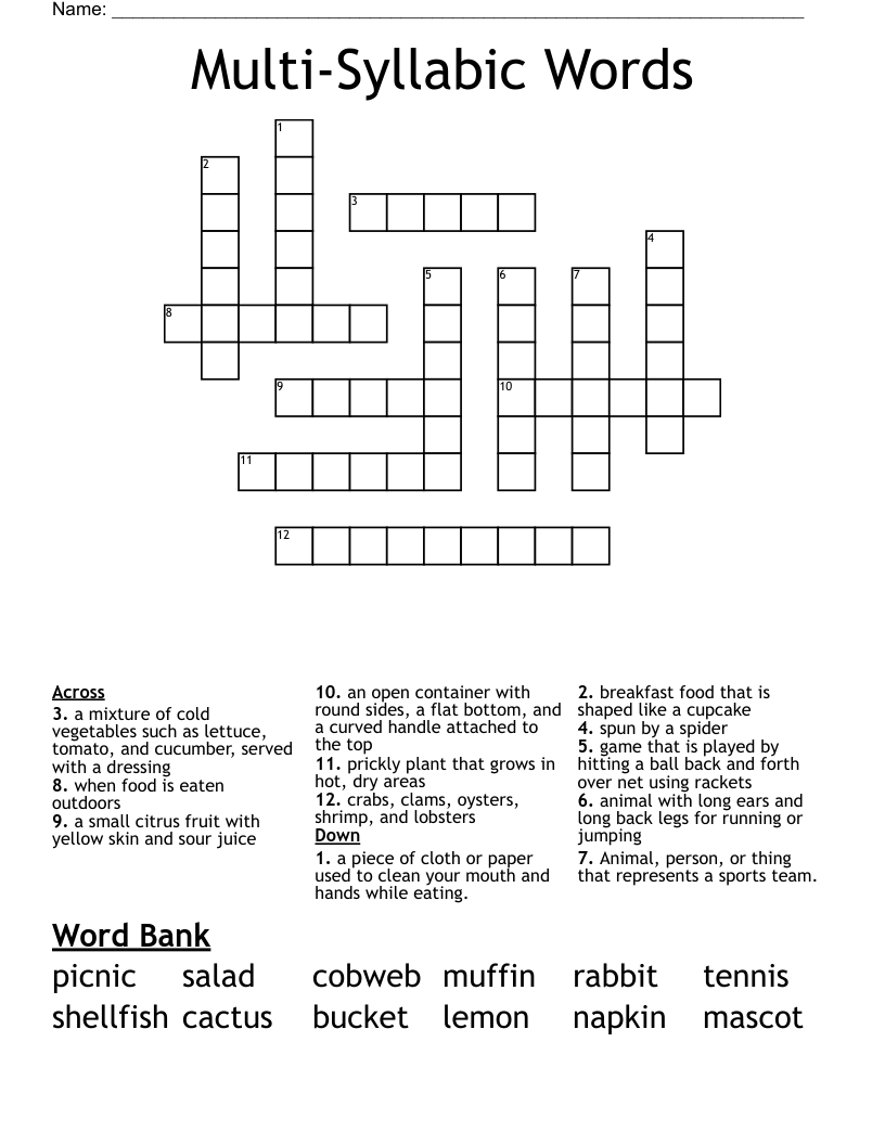 Multi-Syllabic Words Crossword
