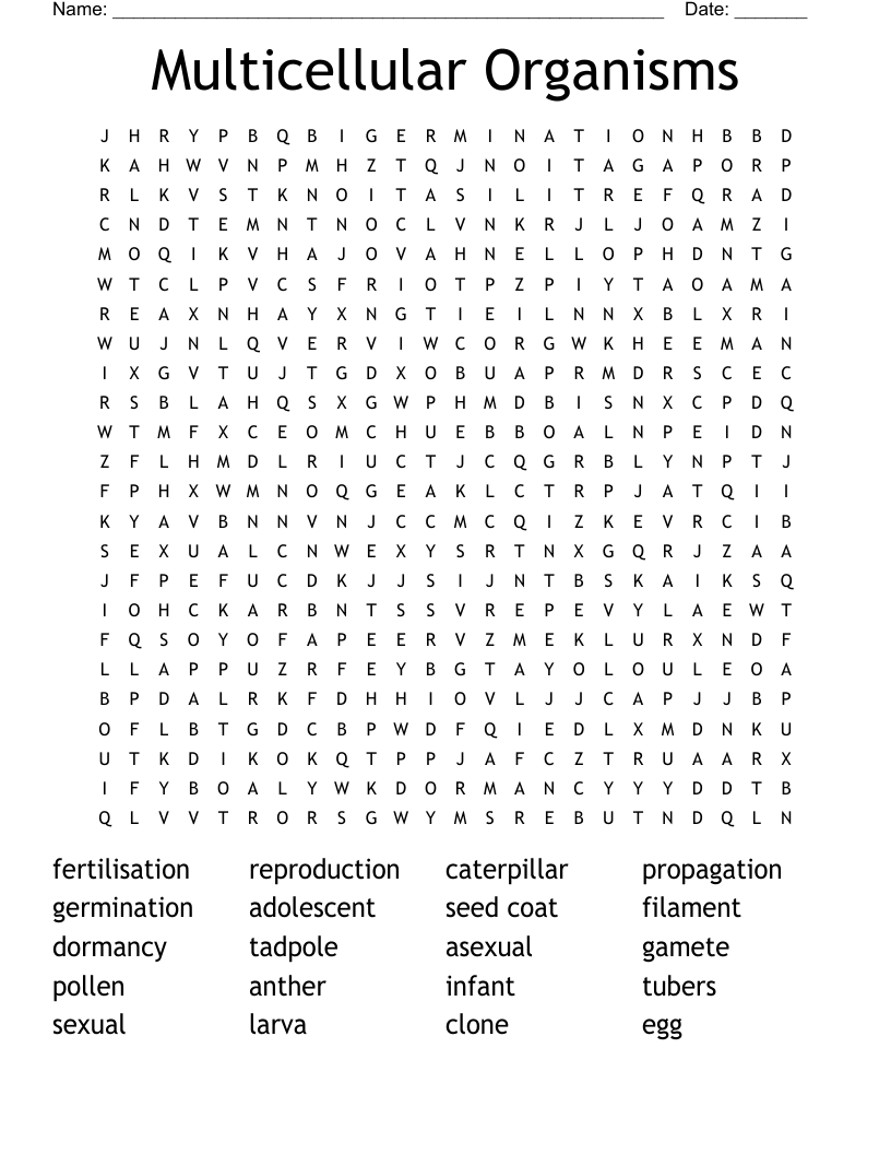 Multicellular Organisms Word Search