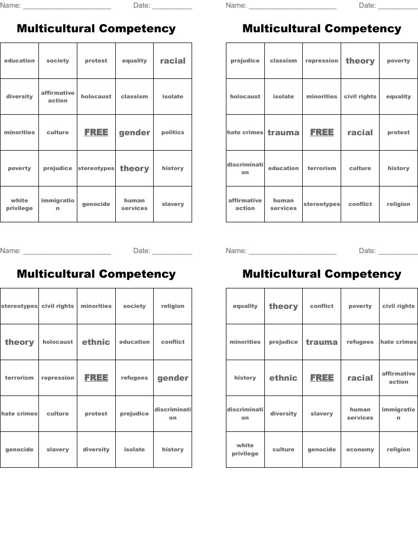 Multicultural Competency Bingo Cards