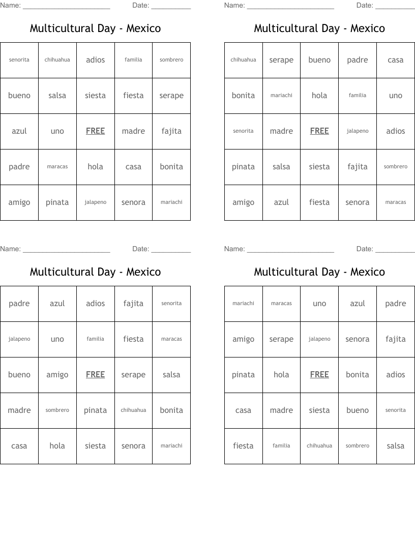 Multicultural Day - Mexico Bingo Cards