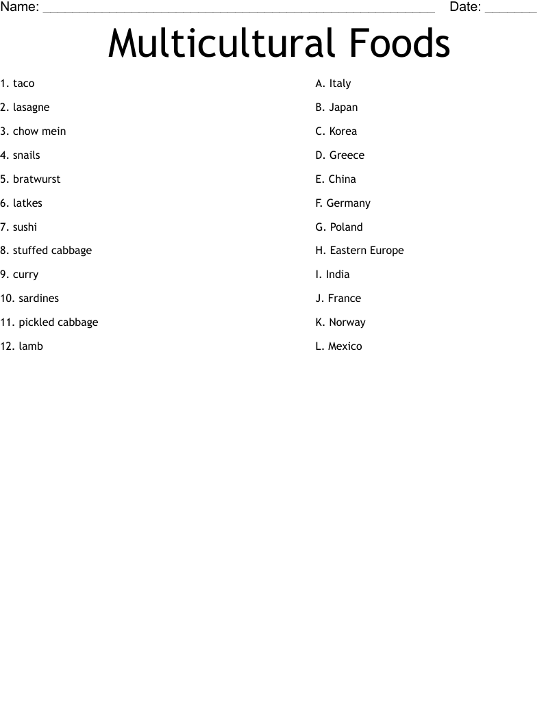 Multicultural Foods Worksheet