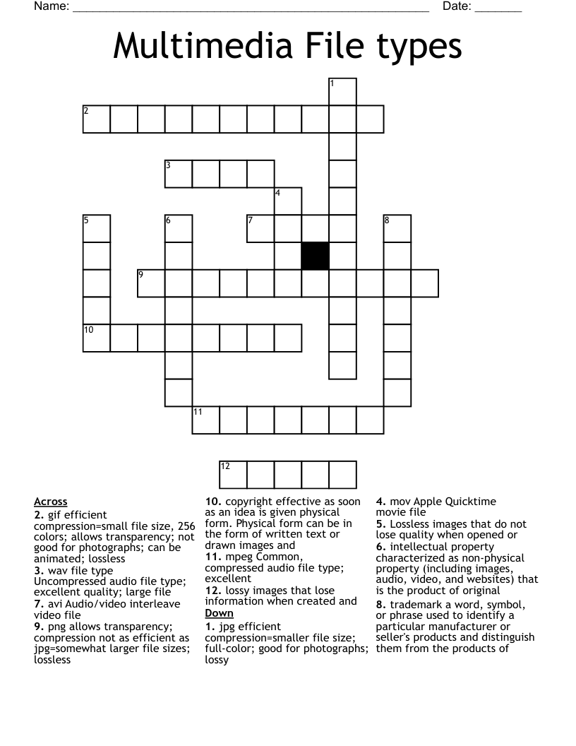 Multimedia File types Crossword