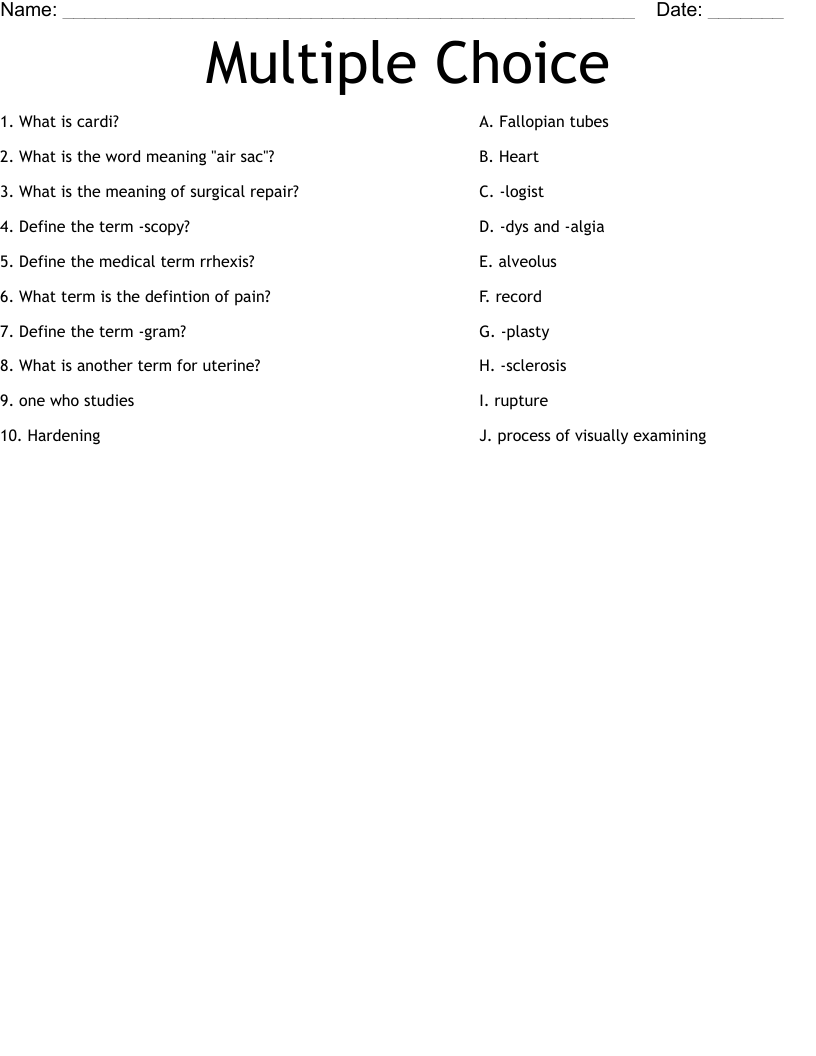 Multiple Choice Worksheet