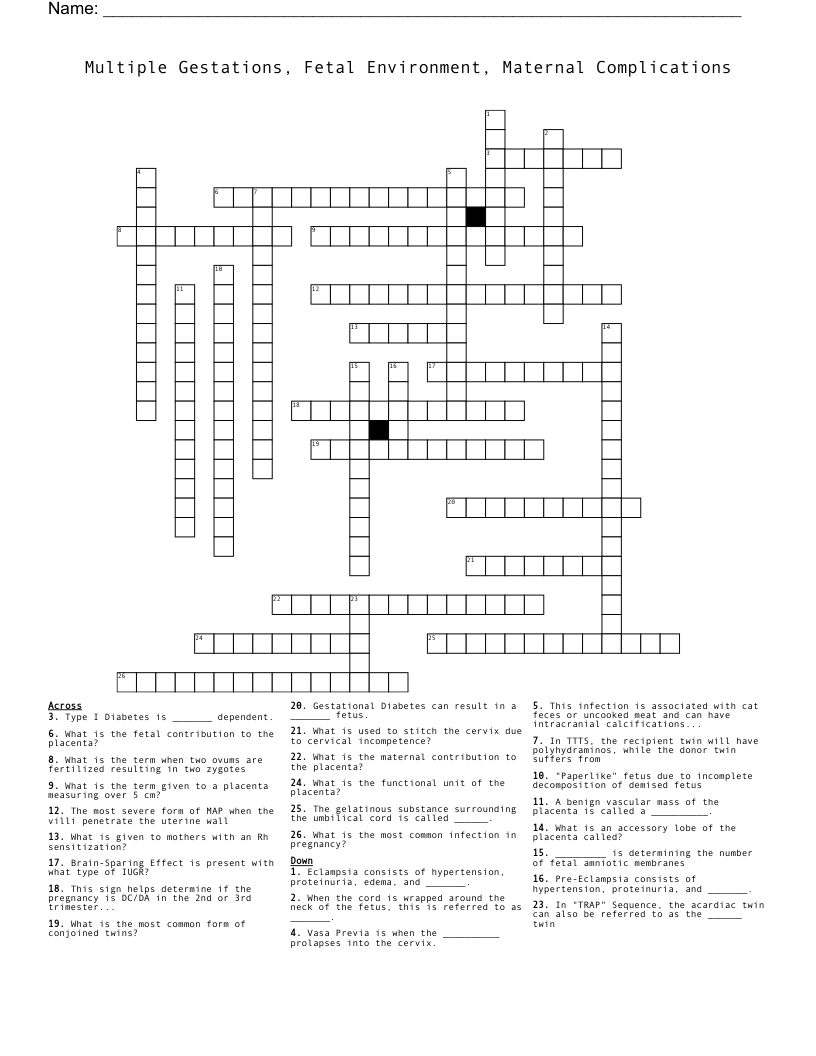 Multiple Gestations, Fetal Environment, Maternal Complications Crossword