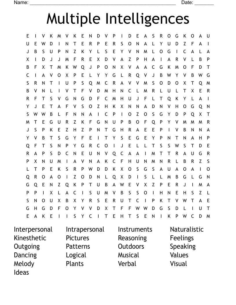 Multiple Intelligences Word Search