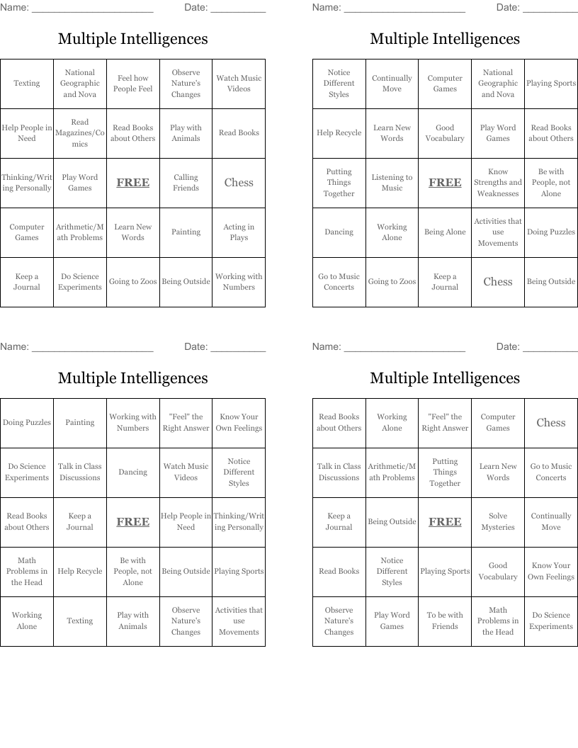 Multiple Intelligences Bingo Cards