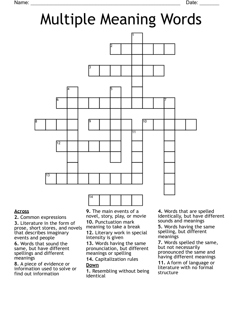 Multiple Meaning Words Crossword