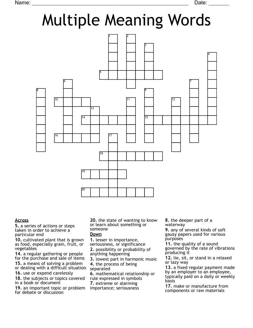 Multiple Meaning Words Crossword