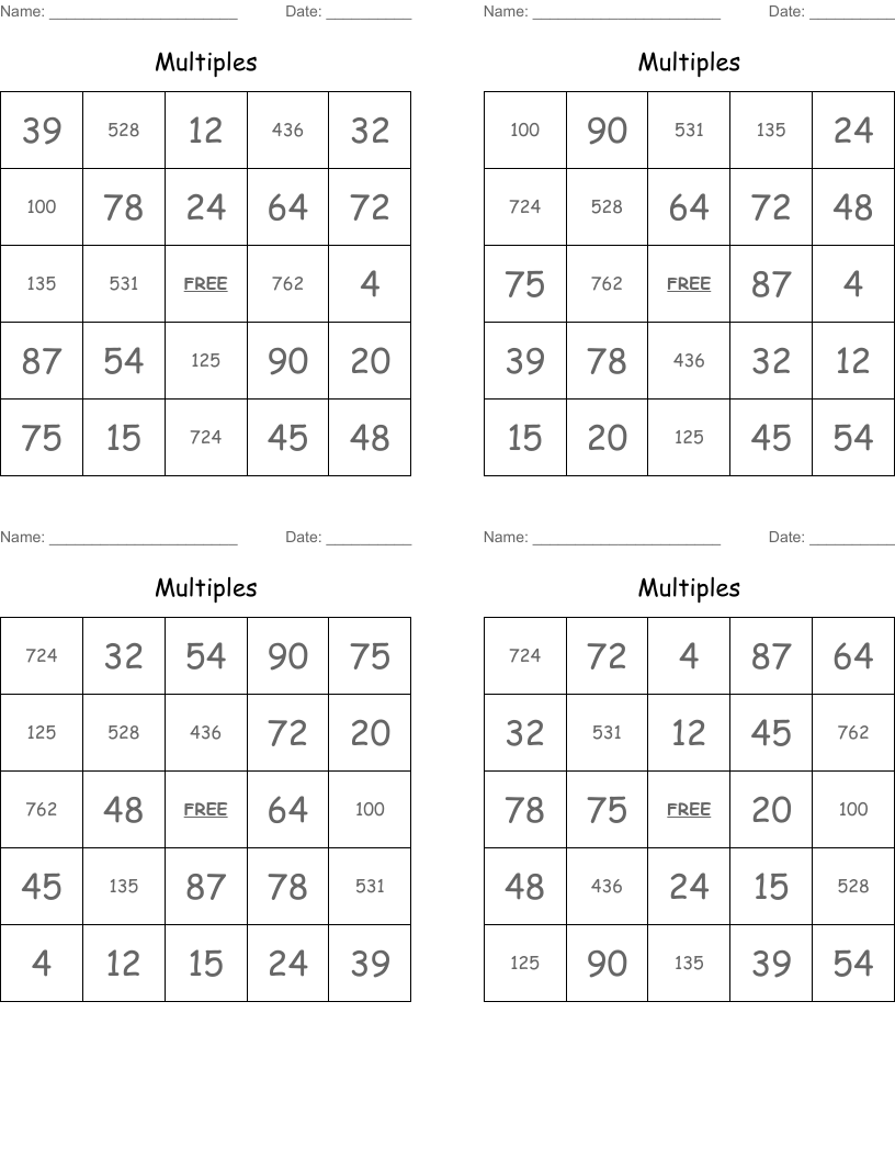 Multiples  Bingo Cards