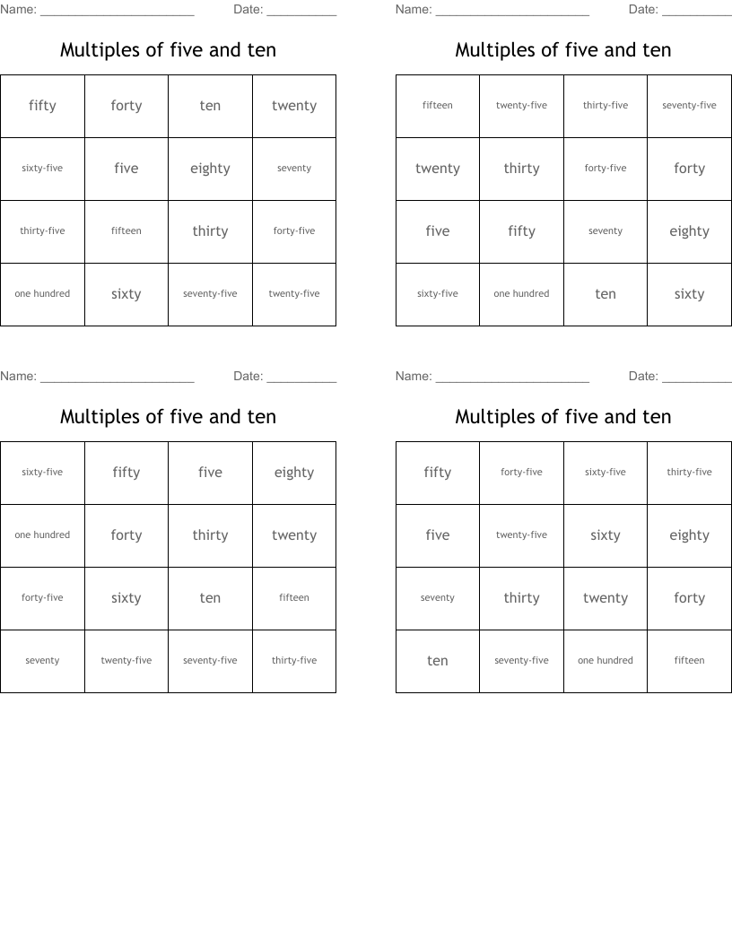 Multiples of five and ten Bingo Cards
