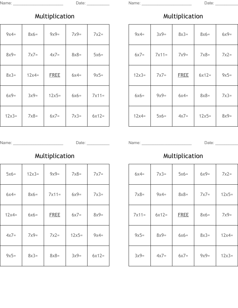 Multiplication Bingo Cards