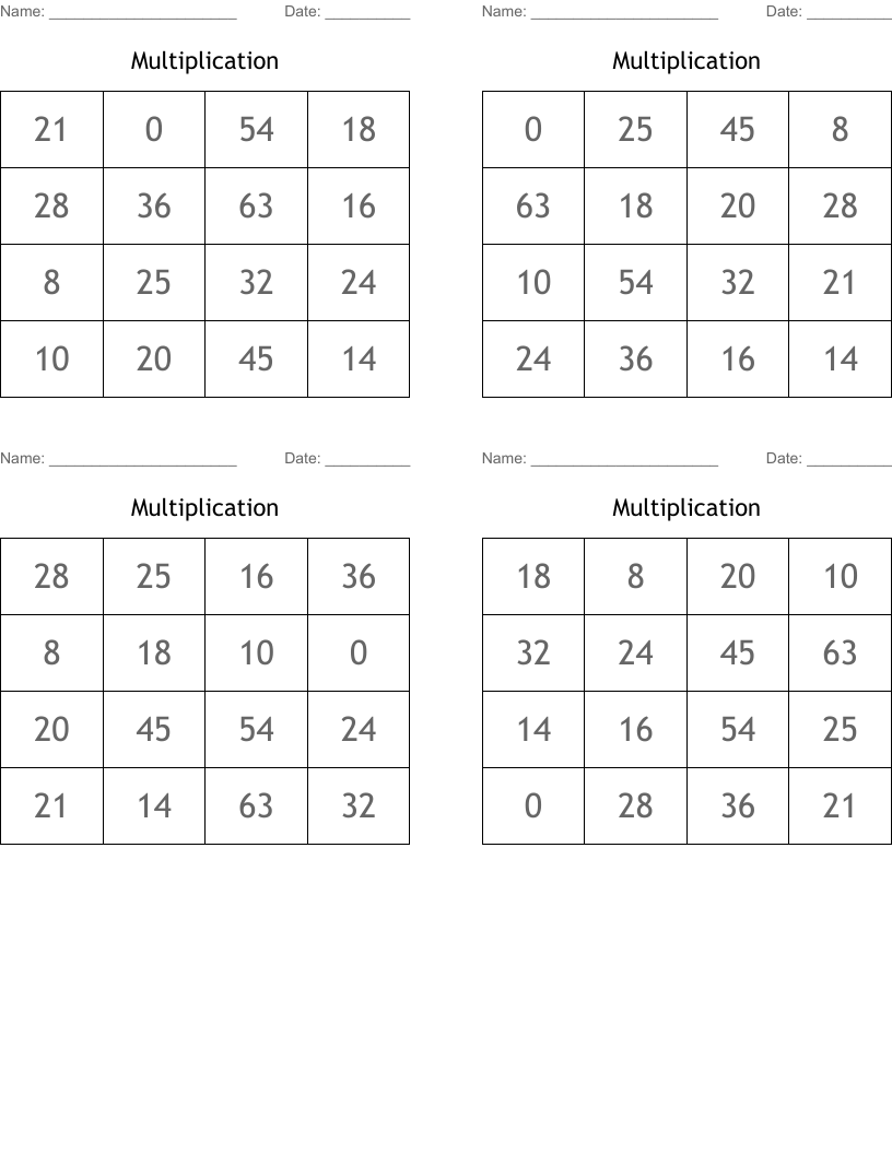 Multiplication Bingo Cards