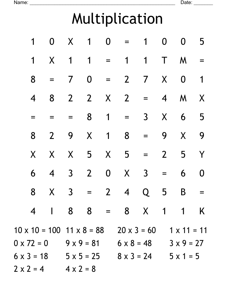 Multiplication Word Search