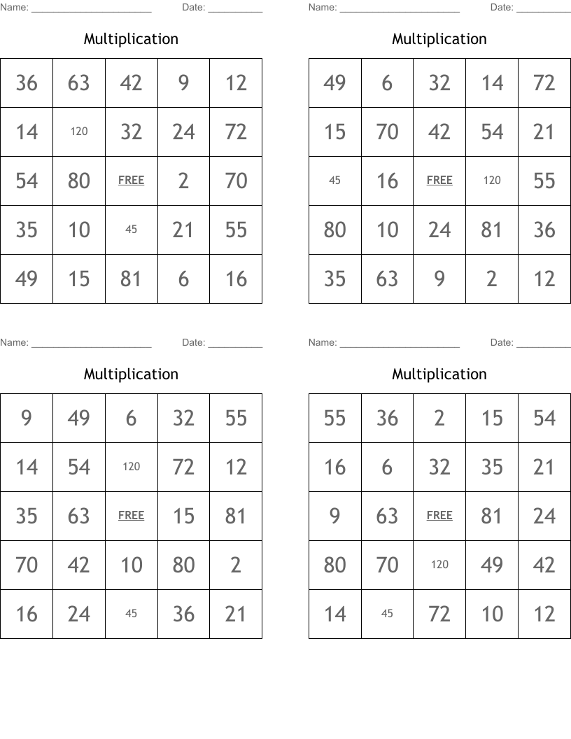 Multiplication Bingo Cards