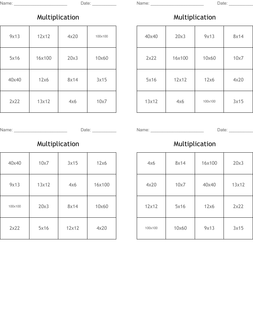 Multiplication Bingo Cards
