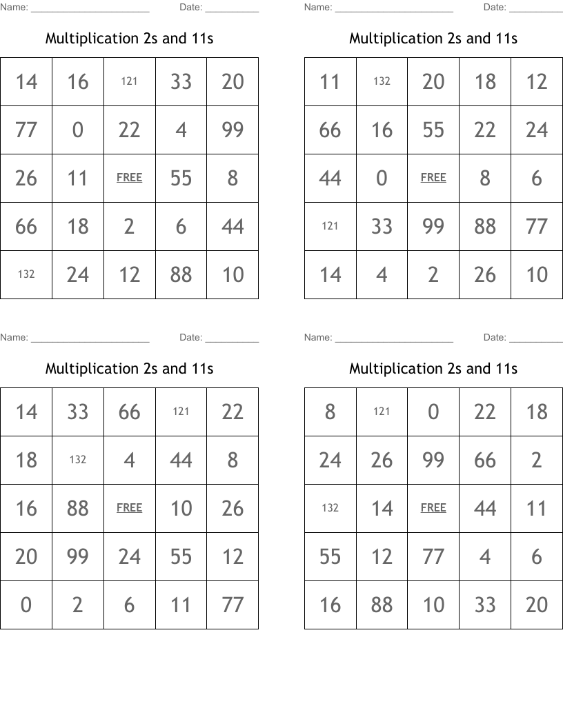Multiplication 2s and 11s Bingo Cards