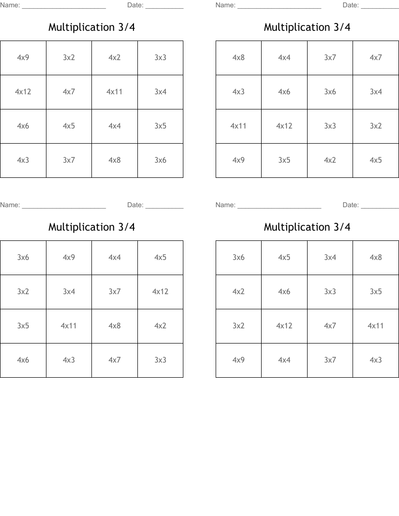 Multiplication 3/4 Bingo Cards