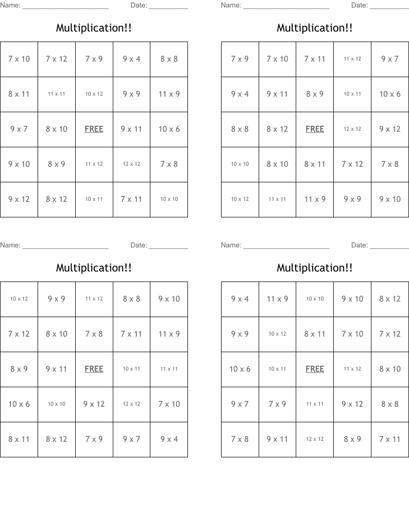 Multiplication!! Bingo Cards