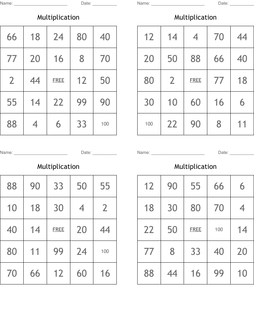 Multiplication Bingo Cards