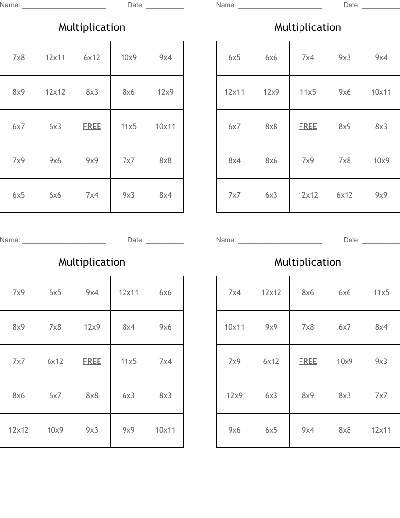 Multiplication Bingo Cards