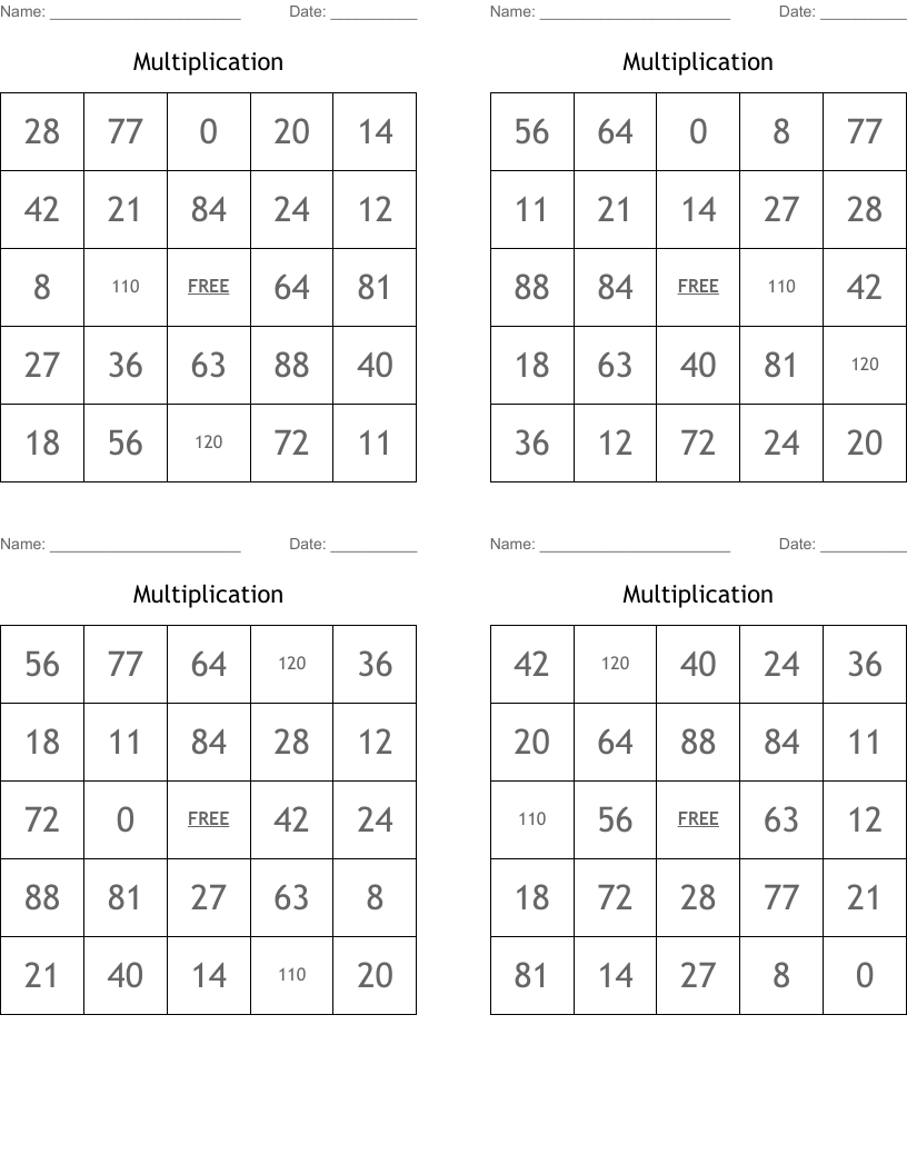 Multiplication Bingo Cards