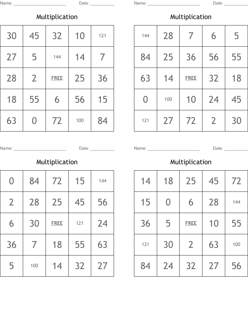 Multiplication Bingo Cards