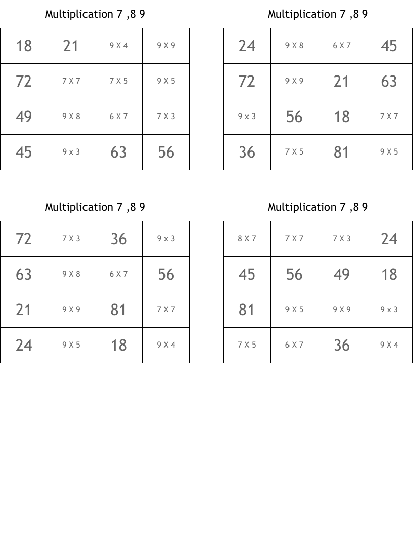 Multiplication 7 ,8 9 Bingo Cards