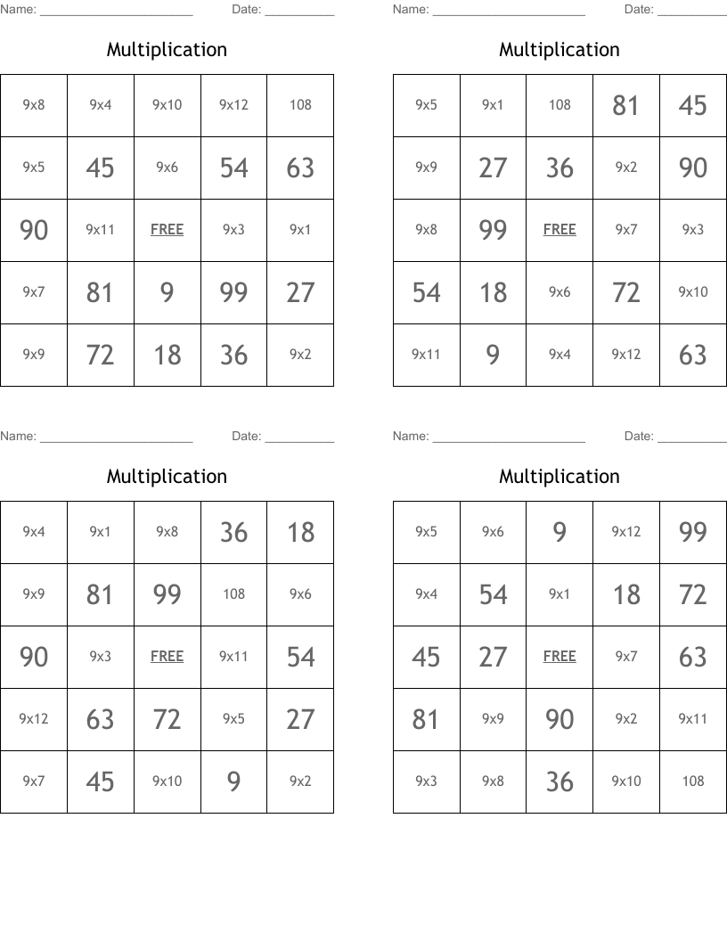 Multiplication Bingo Cards