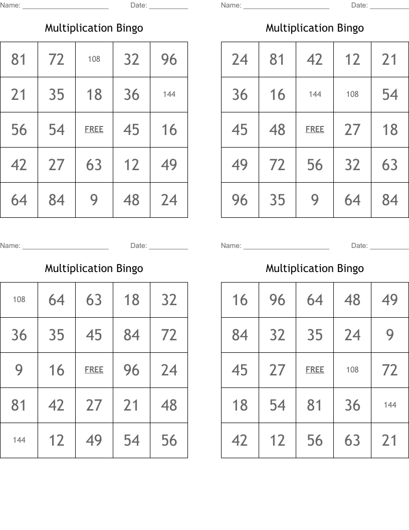 Multiplication Bingo