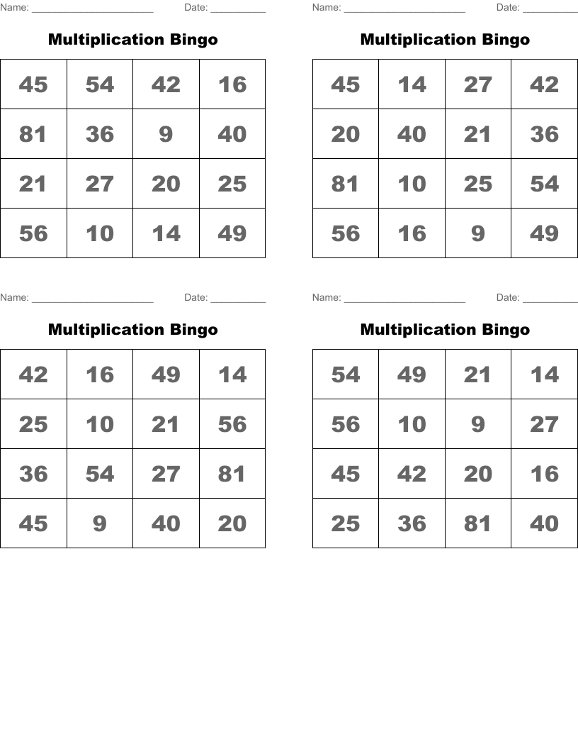 Multiplication Bingo