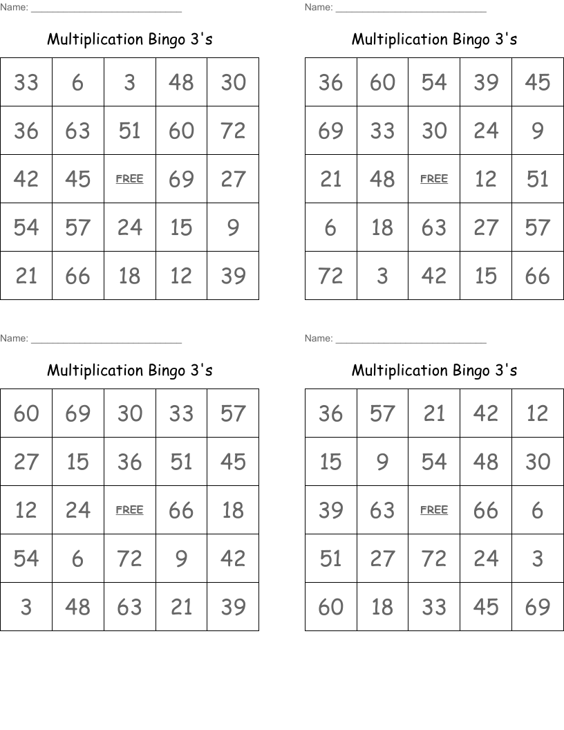 Multiplication Bingo 3's