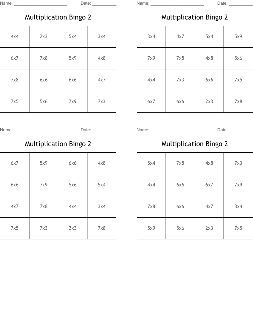 Multiplication Bingo 2