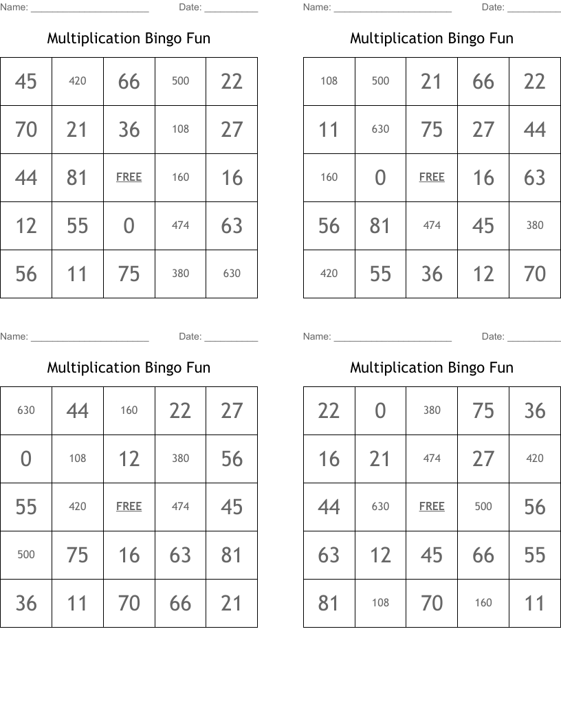 Multiplication Bingo Fun