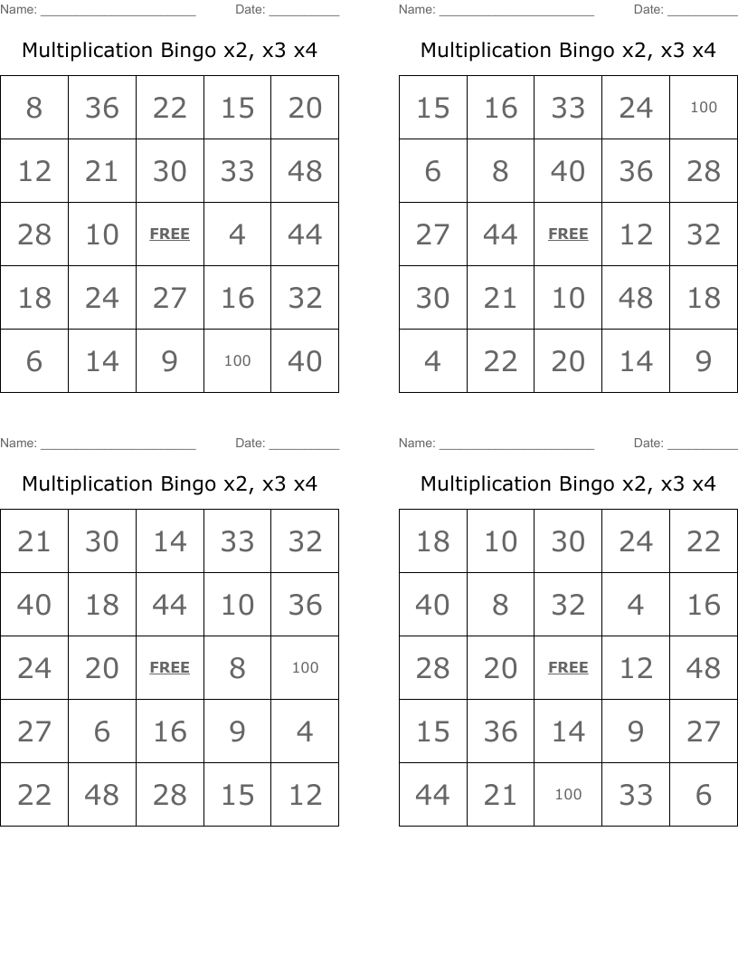 Multiplication Bingo x2, x3 x4 