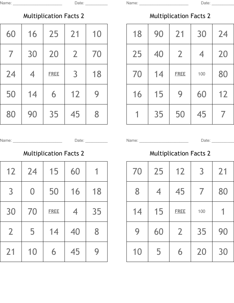 Multiplication Facts 2 Bingo Cards