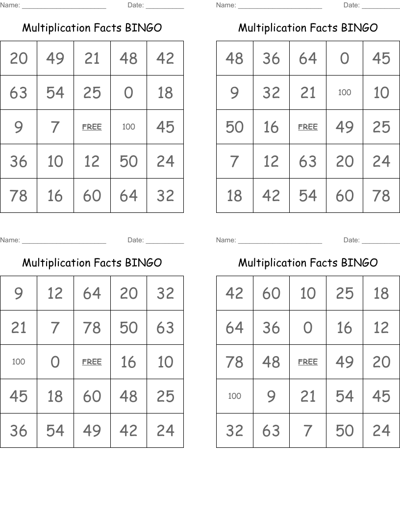 Multiplication Facts BINGO