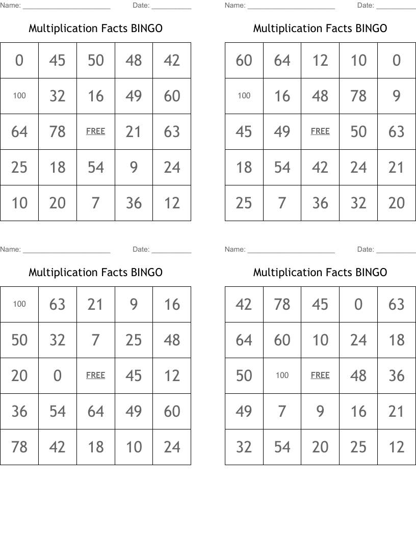 Multiplication Facts BINGO