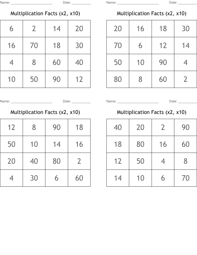 Multiplication Facts (x2, x10) Bingo Cards