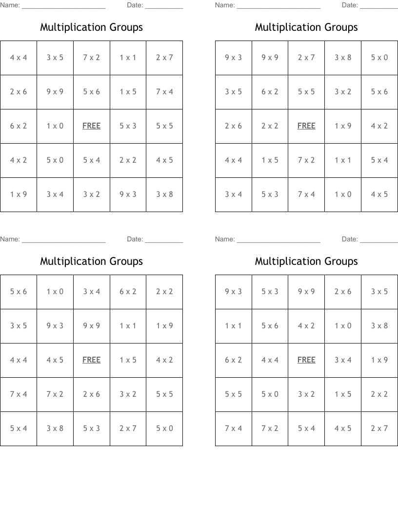 Multiplication Groups Bingo Cards