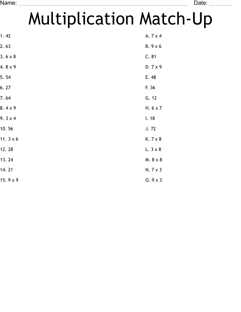 Multiplication Match-Up Worksheet