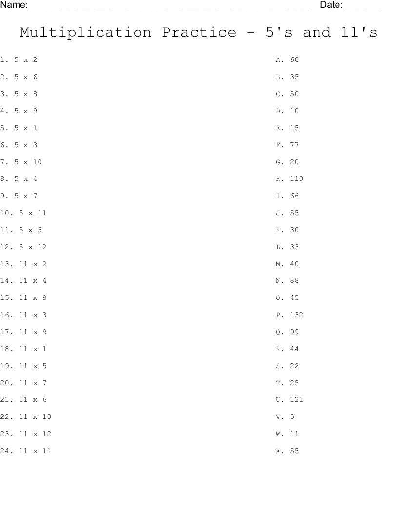 Multiplication Practice - 5's and 11's Worksheet
