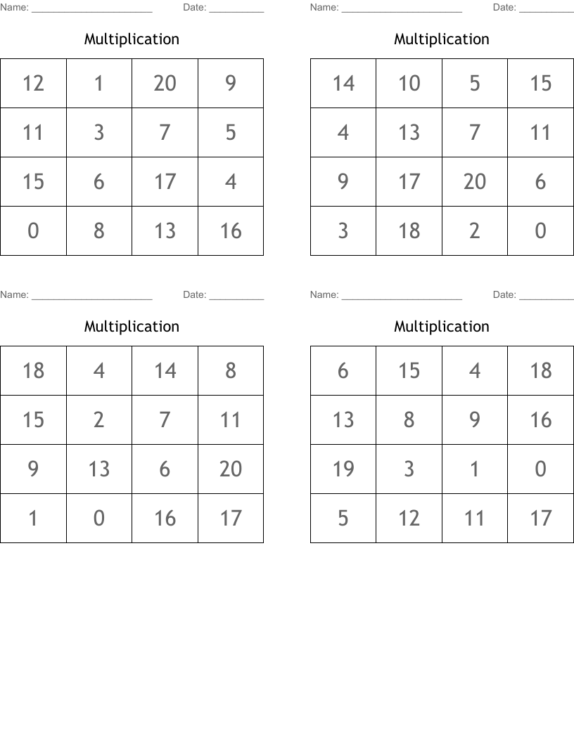 Multiplication  Bingo Cards