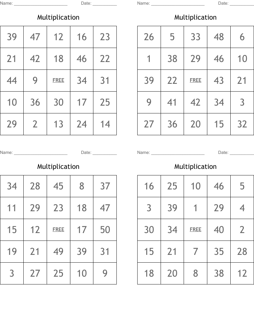 Multiplication  Bingo Cards