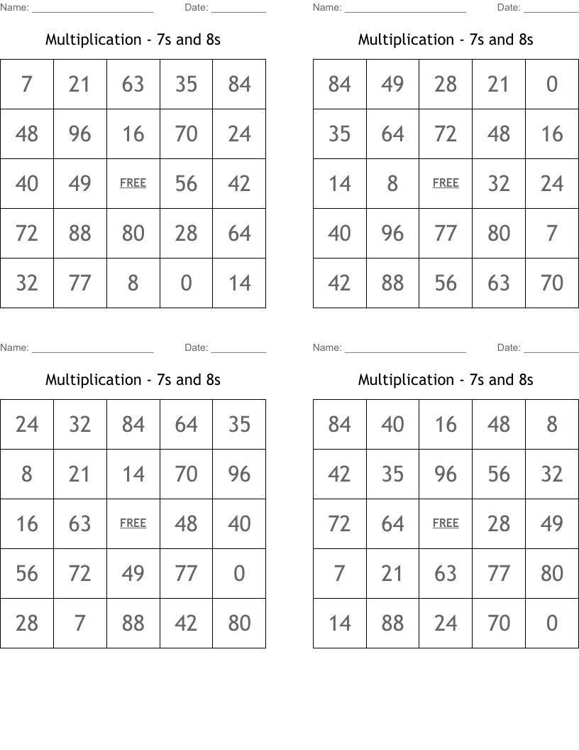 Multiplication - 7s and 8s Bingo Cards