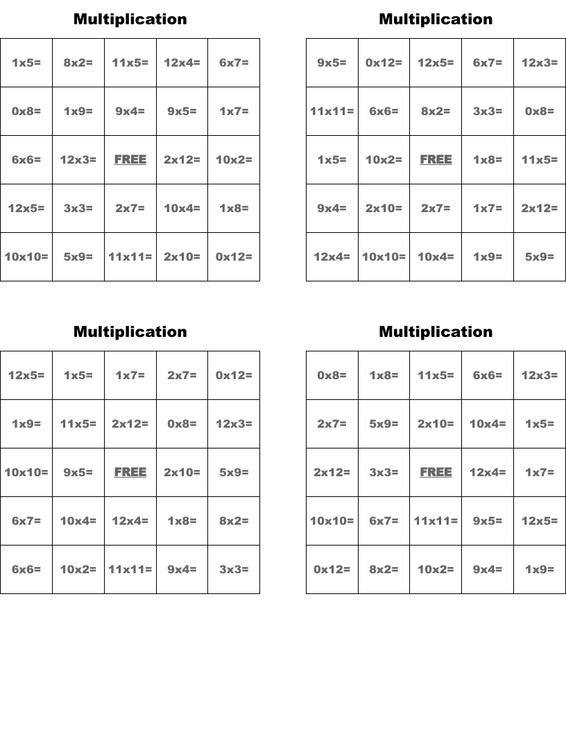 Multiplication  Bingo Cards