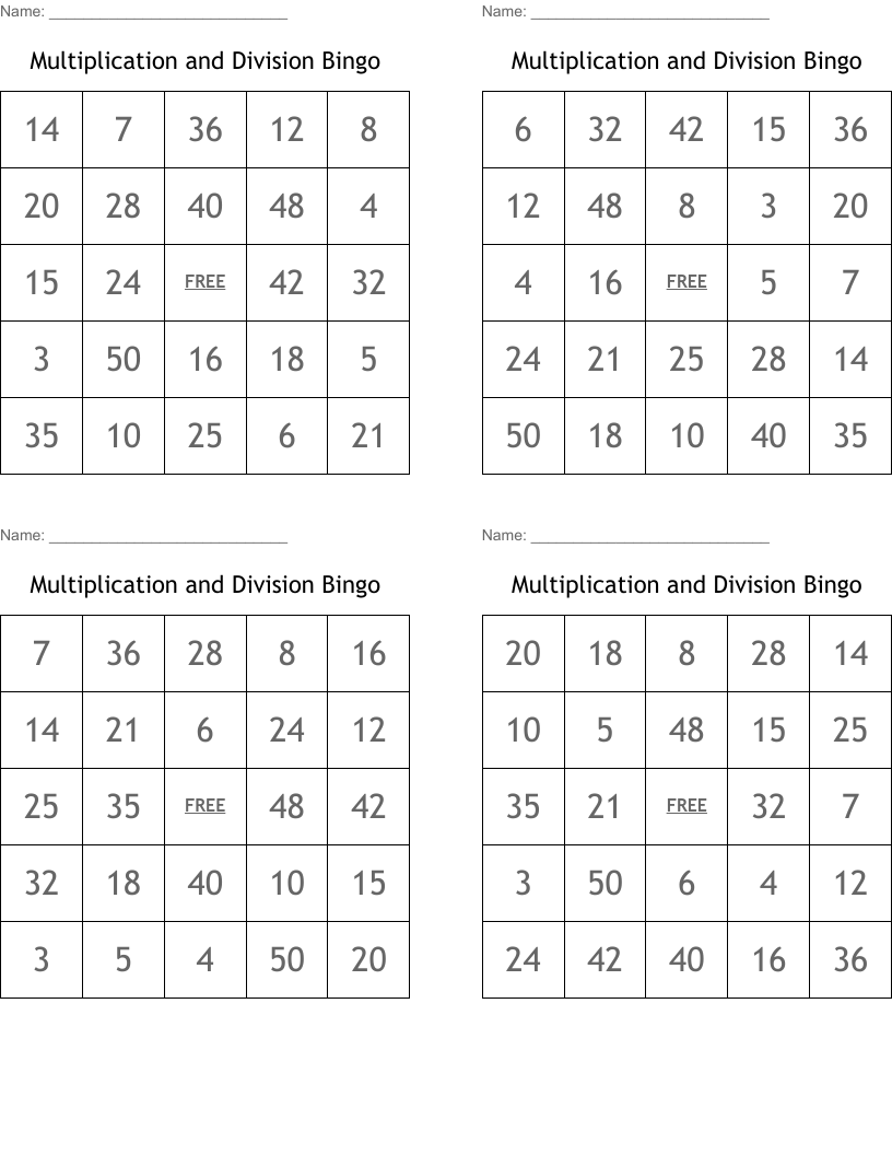 Multiplication and Division Bingo