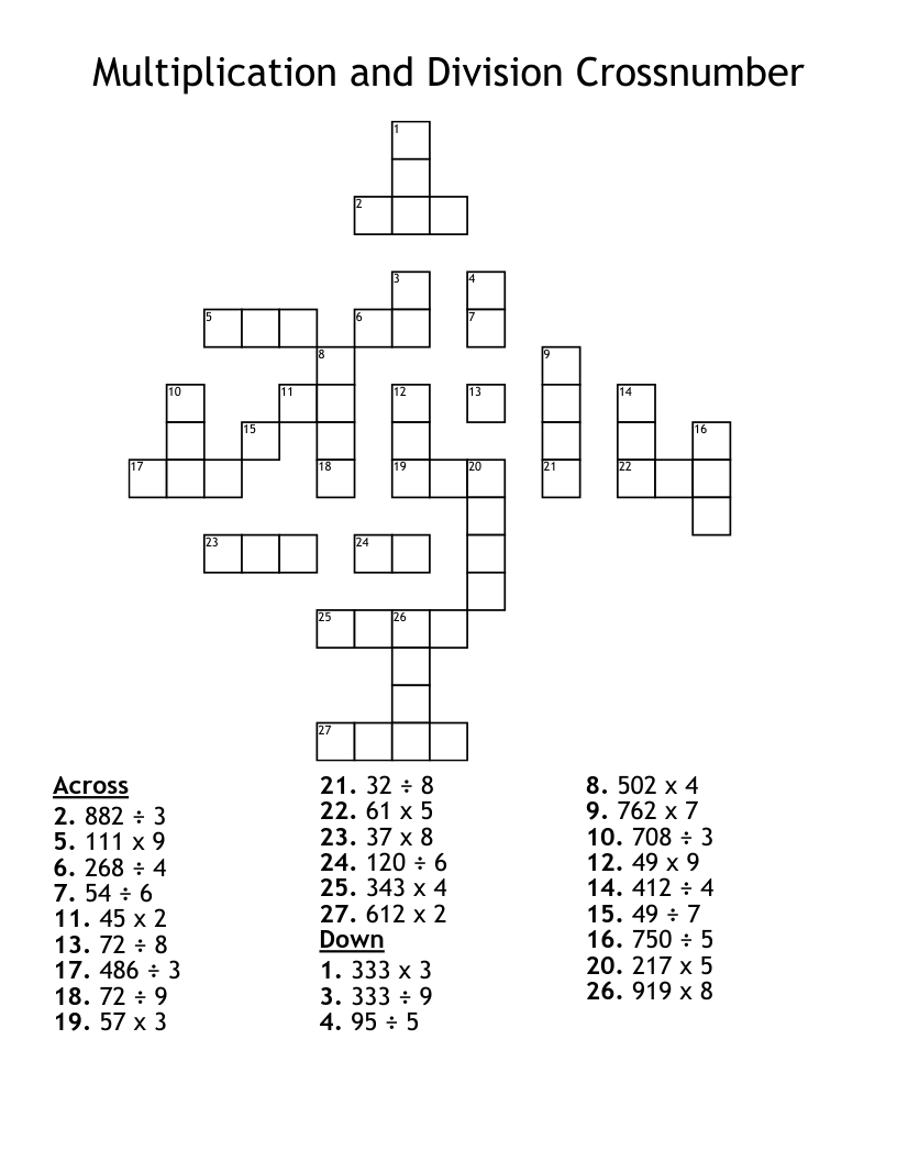 Multiplication and Division Crossnumber Crossword