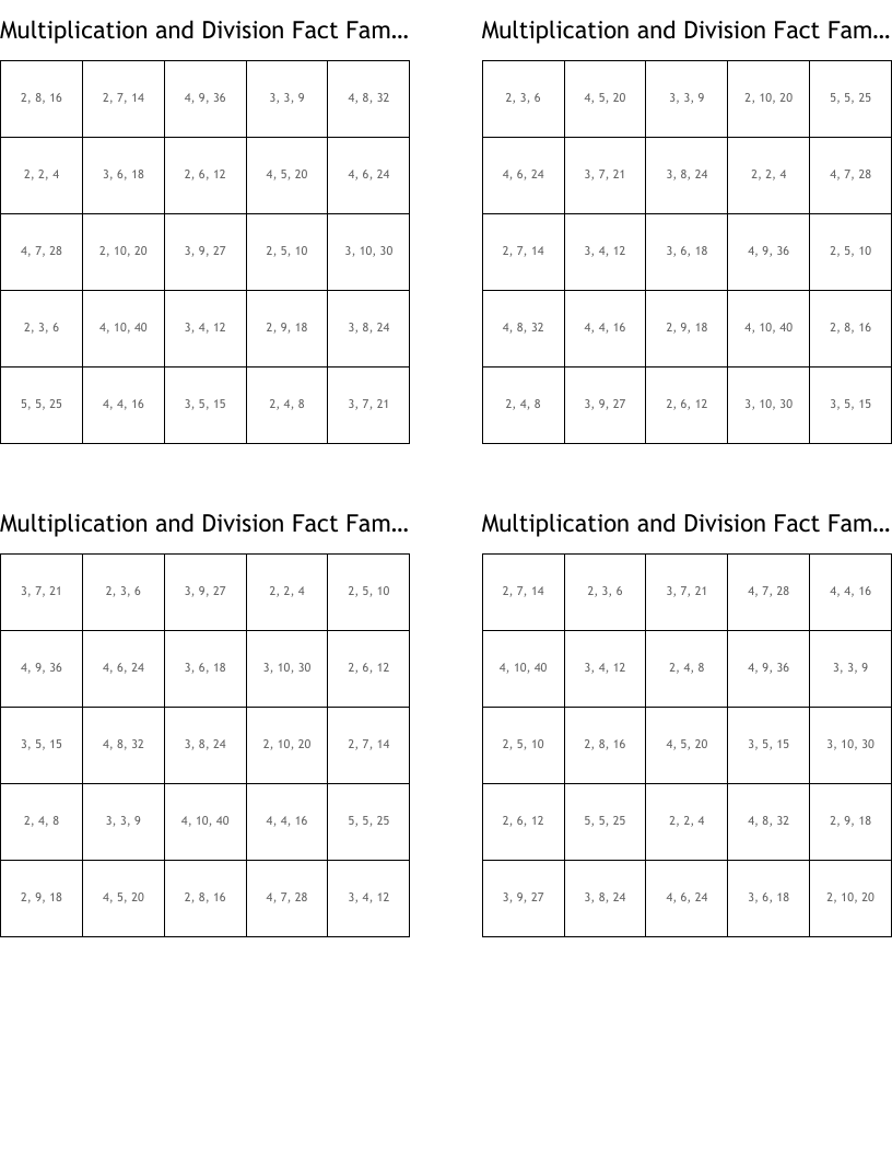 Multiplication and Division Fact Families Bingo