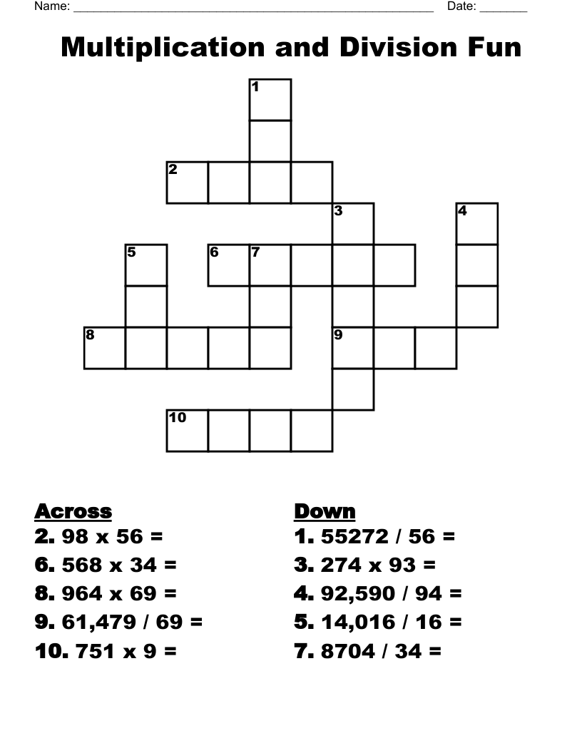 Multiplication and Division Fun Crossword